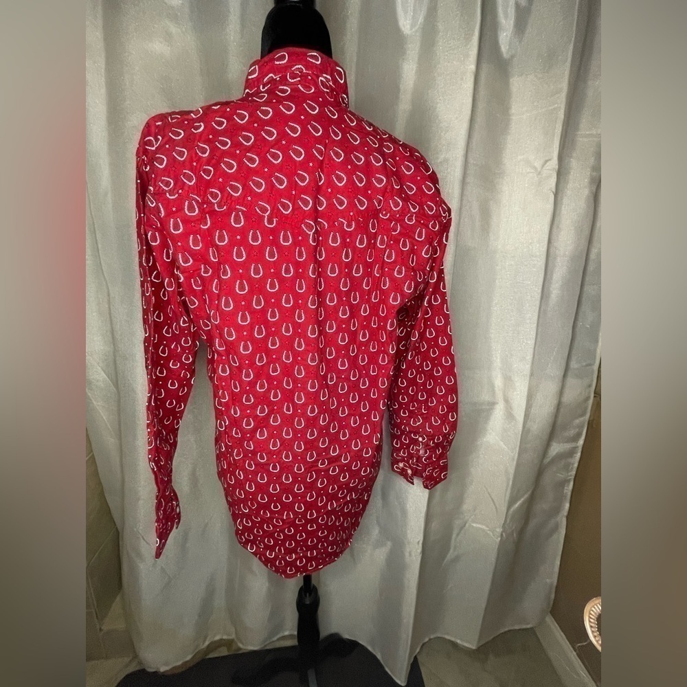 Vintage Express Rider Red Button Down Horseshoe Print Western Shirt Size Medium  - Picture 2 of 8
